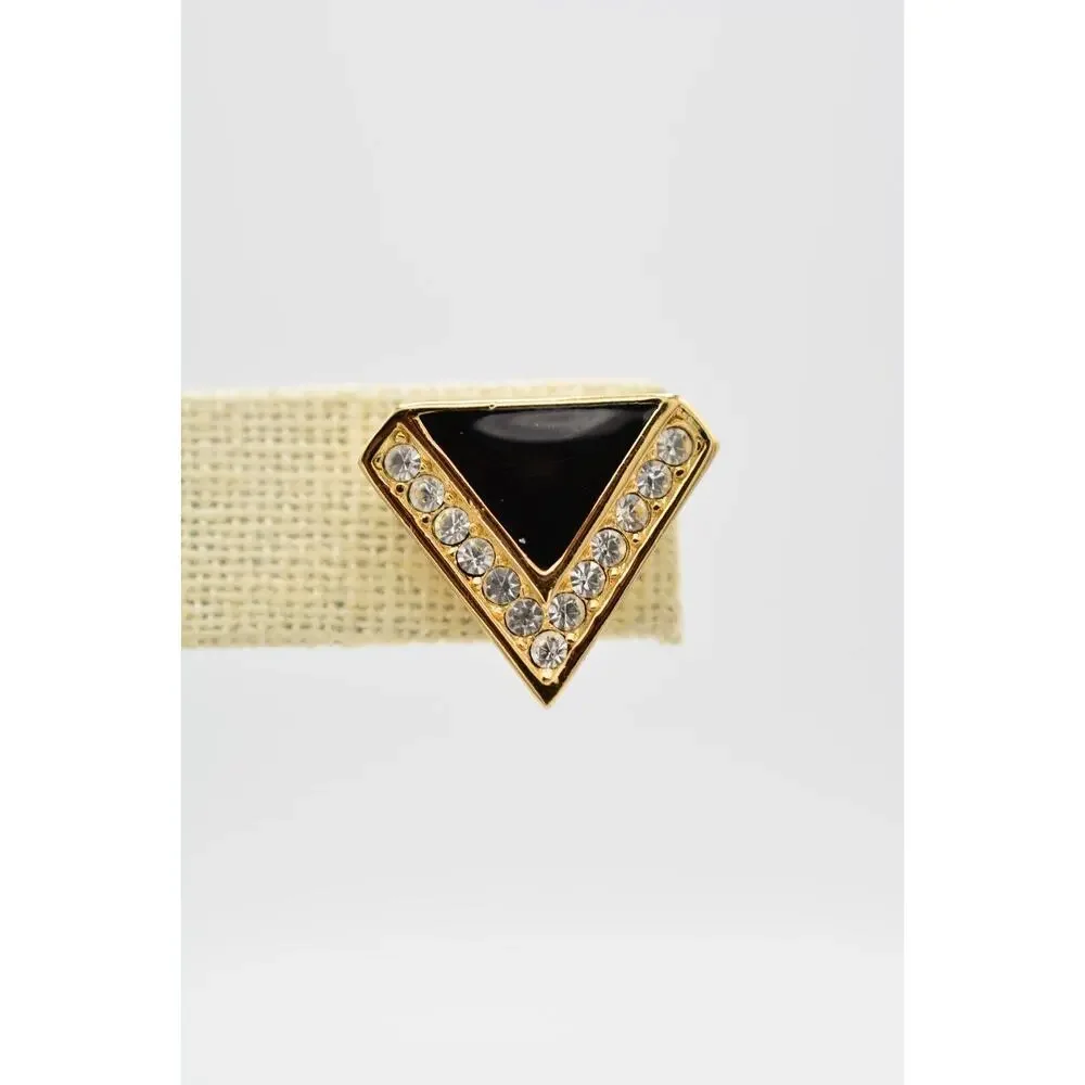 Vintage Triangle Earrings Black Enamel Pave Rhinestone Crystal Stud Gold 80s 9L